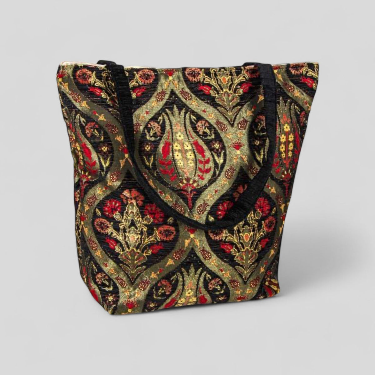 Authentic Kilim Fabric Ottoman Design Purse with Handles, Turkish Carpet, Beach Bag, Tote, Reusable Shopping Bag - Black/Gold/Red - Che Cose Belle