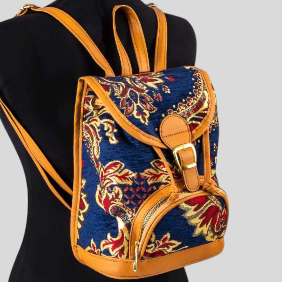 Authentic Kilim Fabric Woven Design Backpack Purse with Handles, Turkish Carpet, Beach Bag, Tote, Reusable Shopping Bag - Blue/Red/Yellow - Che Cose Belle