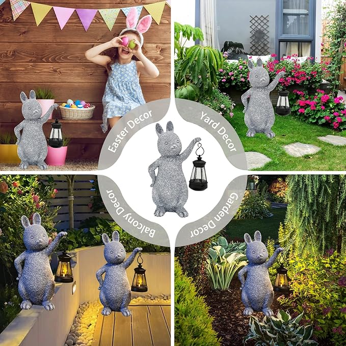 AVEKI Solar Bunny Statue Garden Outdoor Decor, Cute Rabbit Figurines Waterproof Garden Decor with Solar Lantern, Bunny Decor for Yard Art Lawn Porch, Women Gifts for Mom Grandma (Rabbit) - Che Cose Belle