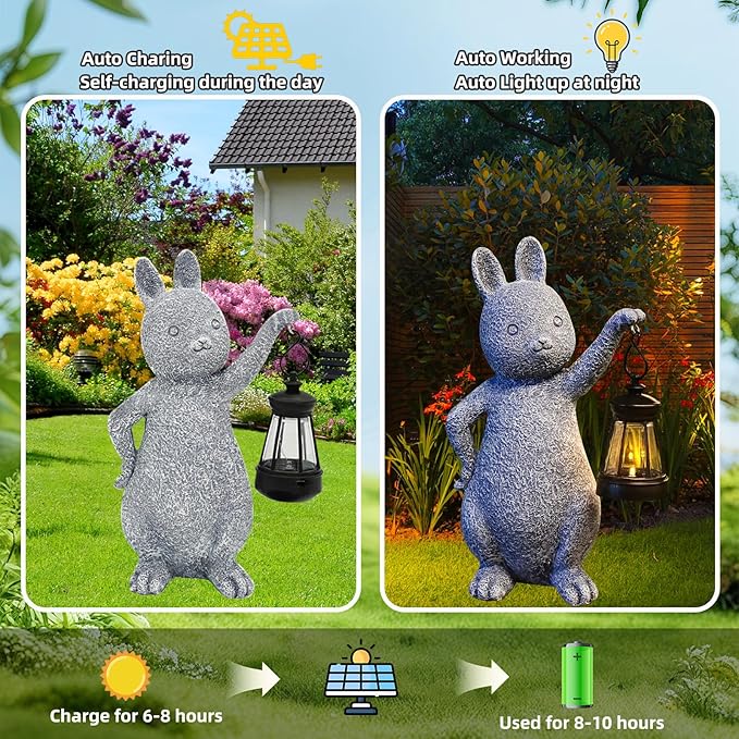 AVEKI Solar Bunny Statue Garden Outdoor Decor, Cute Rabbit Figurines Waterproof Garden Decor with Solar Lantern, Bunny Decor for Yard Art Lawn Porch, Women Gifts for Mom Grandma (Rabbit) - Che Cose Belle