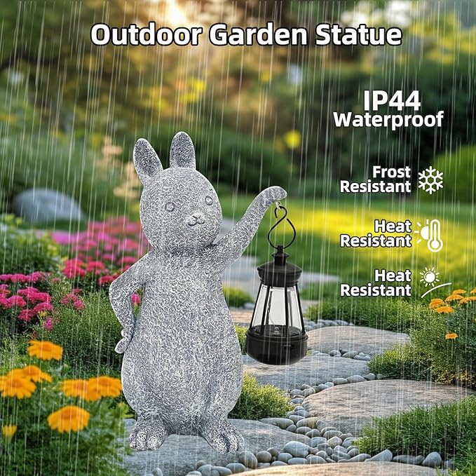 AVEKI Solar Bunny Statue Garden Outdoor Decor, Cute Rabbit Figurines Waterproof Garden Decor with Solar Lantern, Bunny Decor for Yard Art Lawn Porch, Women Gifts for Mom Grandma (Rabbit) - Che Cose Belle