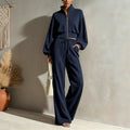 Women's Textured Woven-Stripe Puff-Sleeve Zip Jacket & Wide-Leg Pants Set