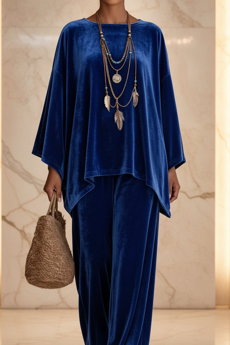 Women's Velvet Batwing Cape-Sleeve Poncho Tunic & Wide-Leg Pants Set