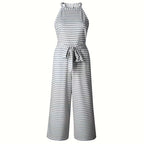 Women's Striped Halter Neck Jumpsuit with Self-Tie Belt & Wide-Leg Crop
