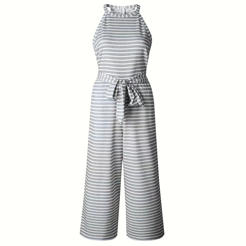 Women's Striped Halter Neck Jumpsuit with Self-Tie Belt & Wide-Leg Crop