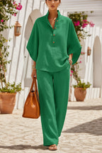 Women's Linen-Look Stand Collar Batwing Top & Wide-Leg Pants Set