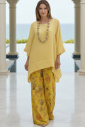 Women's Solid Linen-Style Tunic Top & Watercolor Floral Wide-Leg Pants Set