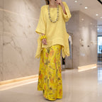 Women's Solid Linen-Style Tunic Top & Watercolor Floral Wide-Leg Pants Set