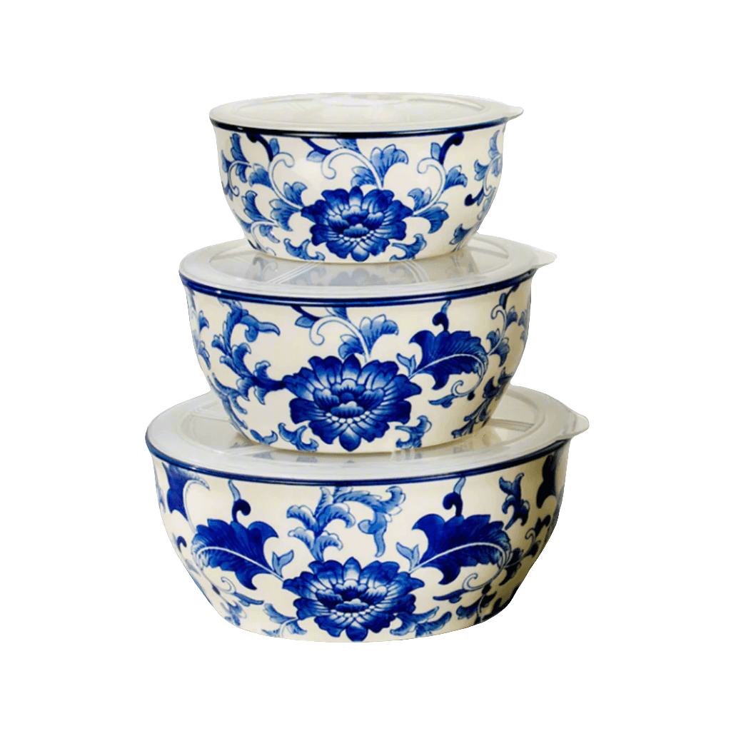 Blue Garden Chinoiserie “Hold Everything” 3 - Piece Round Stoneware Storage Bowls Set - Che Cose Belle