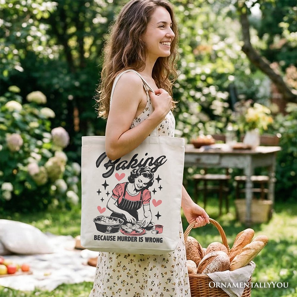 Baking Because Murder Is Wrong Anti-Valentine Tote Bag, Funny Retro Kitchen Gift Shopper - Che Cose Belle