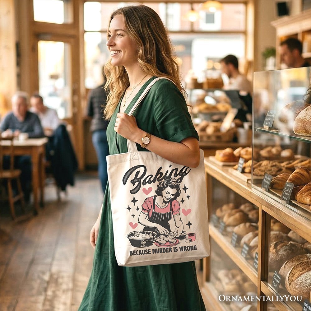 Baking Because Murder Is Wrong Anti-Valentine Tote Bag, Funny Retro Kitchen Gift Shopper - Che Cose Belle