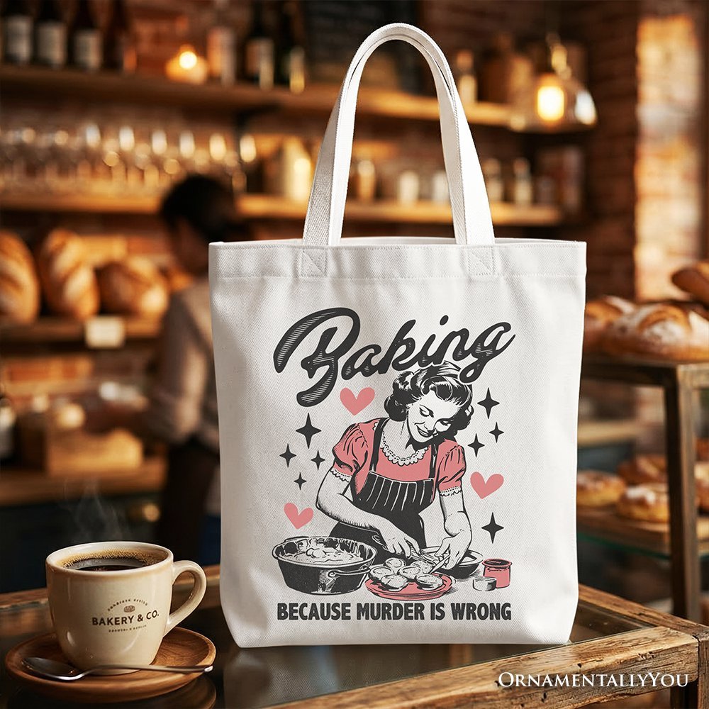 Baking Because Murder Is Wrong Anti-Valentine Tote Bag, Funny Retro Kitchen Gift Shopper - Che Cose Belle