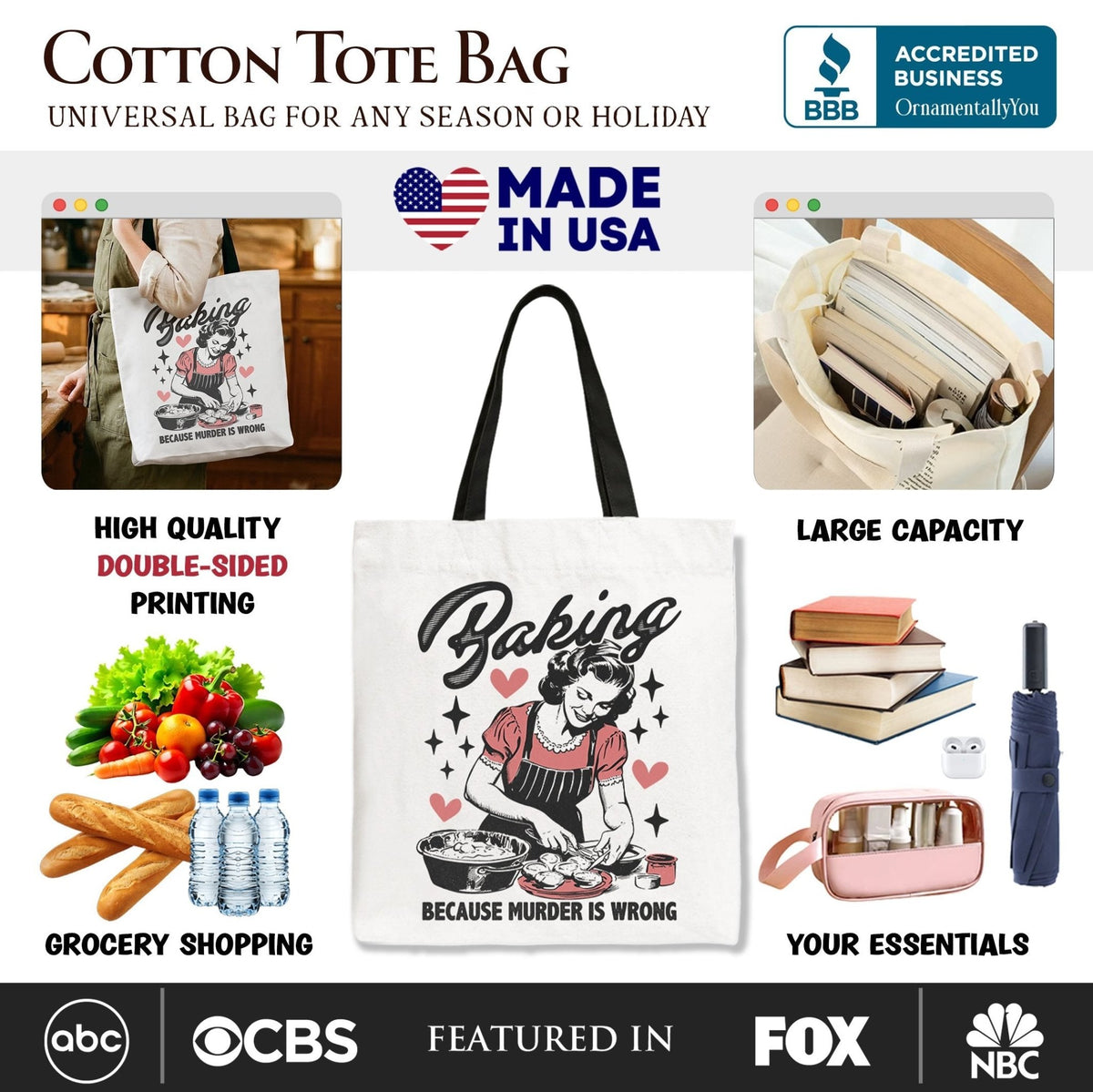 Baking Because Murder Is Wrong Anti-Valentine Tote Bag, Funny Retro Kitchen Gift Shopper - Che Cose Belle