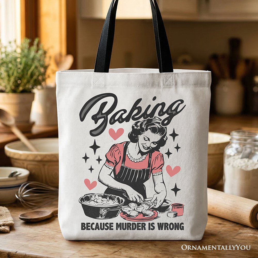 Baking Because Murder Is Wrong Anti-Valentine Tote Bag, Funny Retro Kitchen Gift Shopper - Che Cose Belle