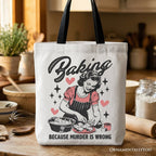 Baking Because Murder Is Wrong Anti-Valentine Tote Bag, Funny Retro Kitchen Gift Shopper - Che Cose Belle