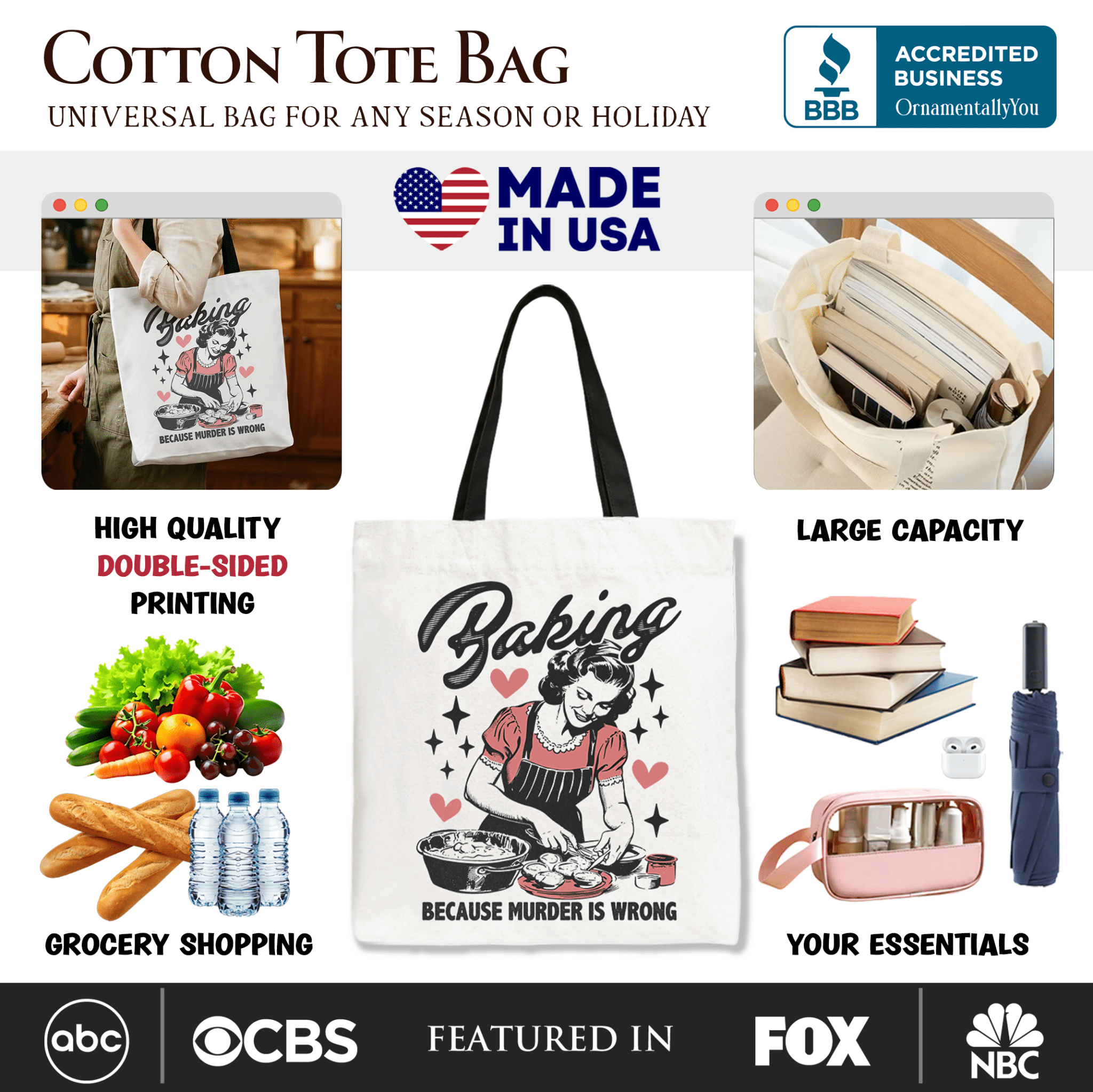 Baking Because Murder Is Wrong Anti - Valentine Tote Bag, Funny Retro Kitchen Gift Shopper - Che Cose Belle