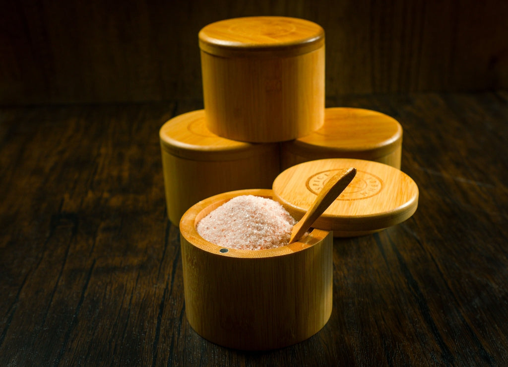 Bamboo Salt Container filled with Pink Himalayan Salt - Che Cose Belle