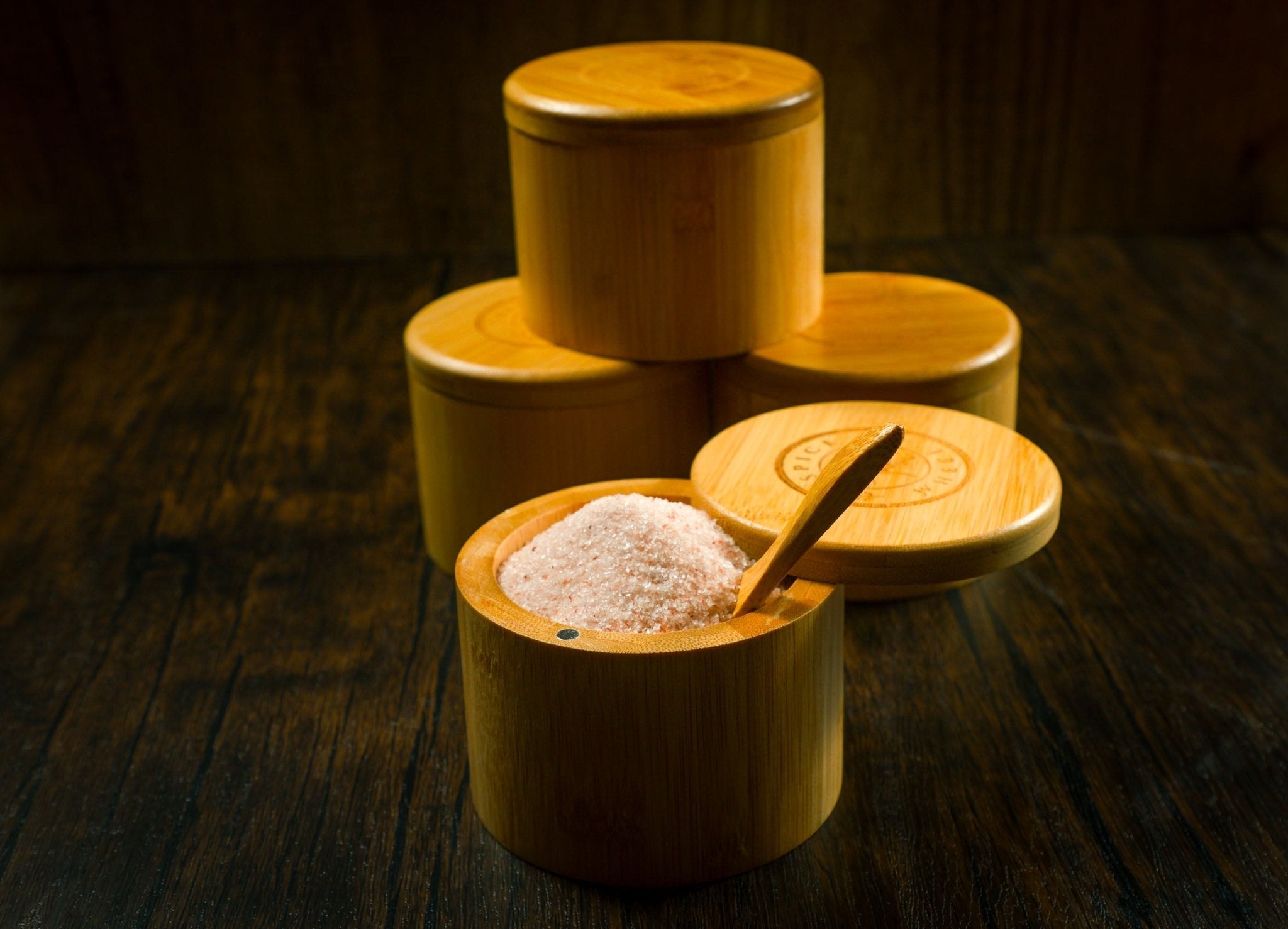 Bamboo Salt Container filled with Pink Himalayan Salt - Che Cose Belle