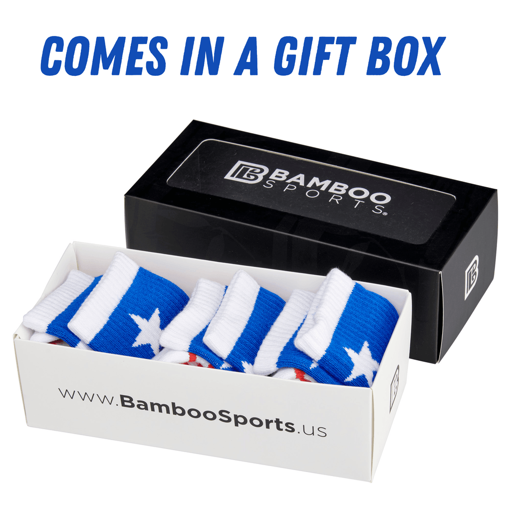 Bamboo Sports Red White and Blue Premium Bamboo Rayon Crew Work Socks- Moisture Wicking, Odor Eliminating Red, White, and Blue American Flag 4th of July Socks for Men and Women Gift Box 3 Pair - Che Cose Belle