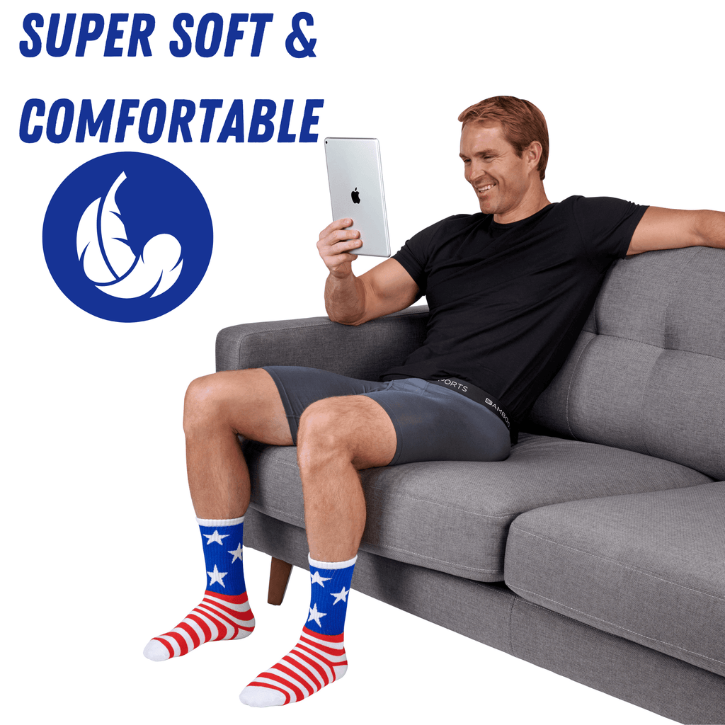 Bamboo Sports Red White and Blue Premium Bamboo Rayon Crew Work Socks- Moisture Wicking, Odor Eliminating Red, White, and Blue American Flag 4th of July Socks for Men and Women Gift Box 3 Pair - Che Cose Belle