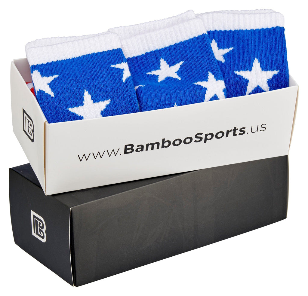 Bamboo Sports Red White and Blue Premium Bamboo Rayon Crew Work Socks- Moisture Wicking, Odor Eliminating Red, White, and Blue American Flag 4th of July Socks for Men and Women Gift Box 3 Pair - Che Cose Belle