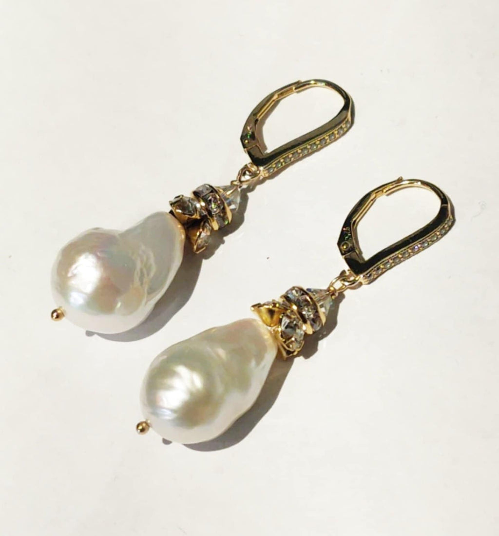 Baroque Pearl Rhinestone drop leverback earrings - Che Cose Belle