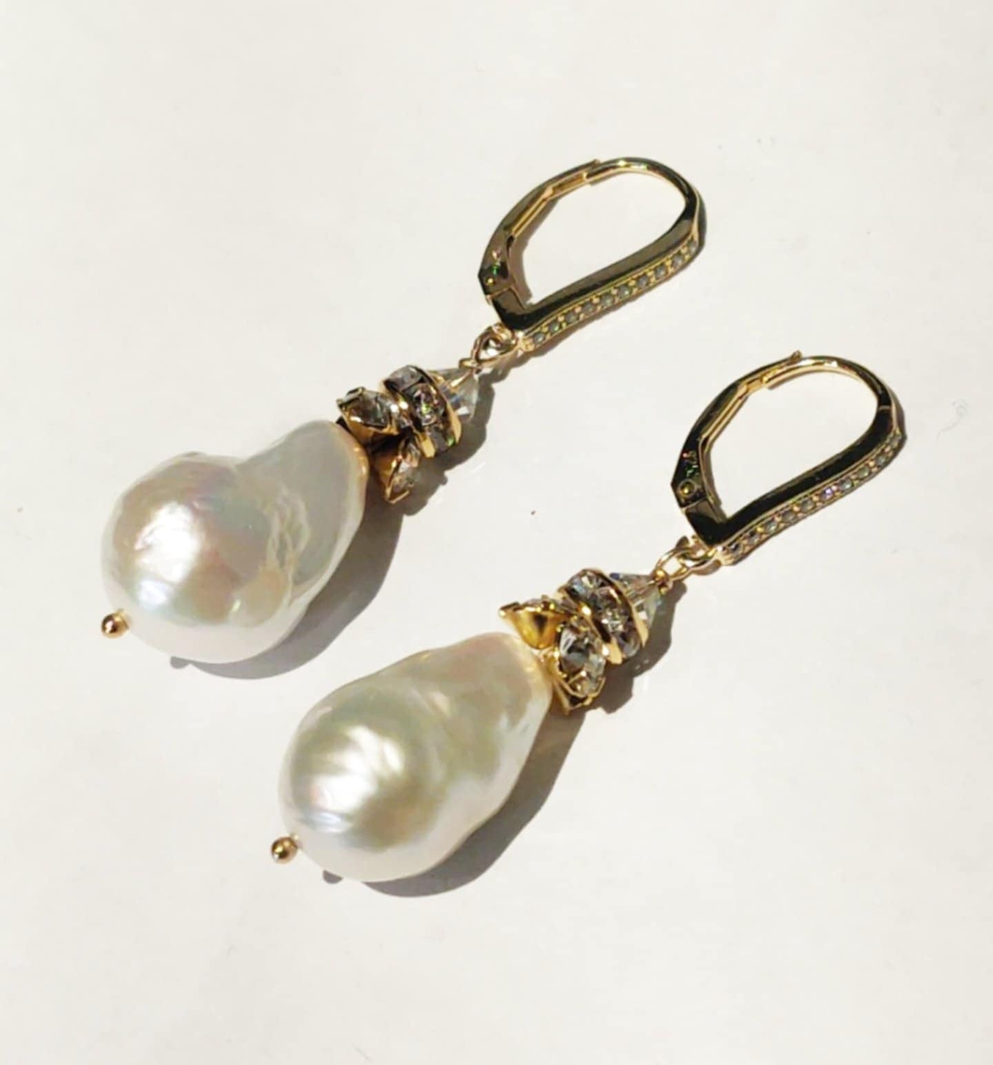 Baroque Pearl Rhinestone drop leverback earrings - Che Cose Belle