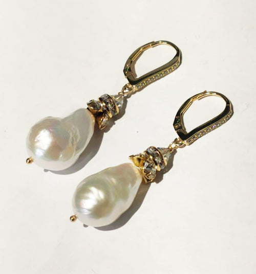 Baroque Pearl Rhinestone drop leverback earrings - Che Cose Belle