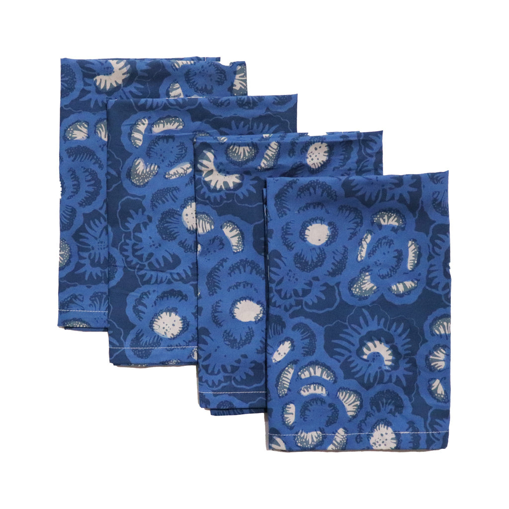 Batik Cloth Napkin Set of Four, Blue Roses, Hand Dyed, 100% Cotton - Che Cose Belle