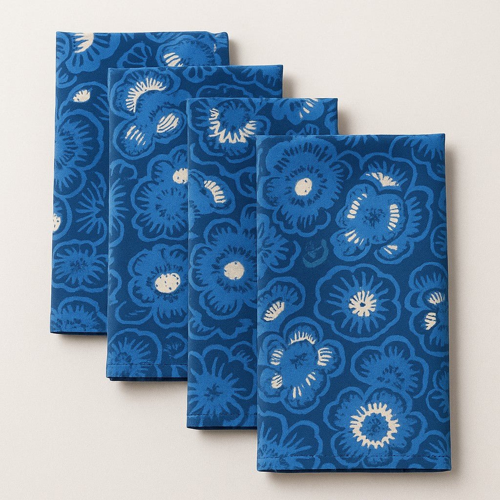 Batik Cloth Napkin Set of Four, Blue Roses, Hand Dyed, 100% Cotton - Che Cose Belle