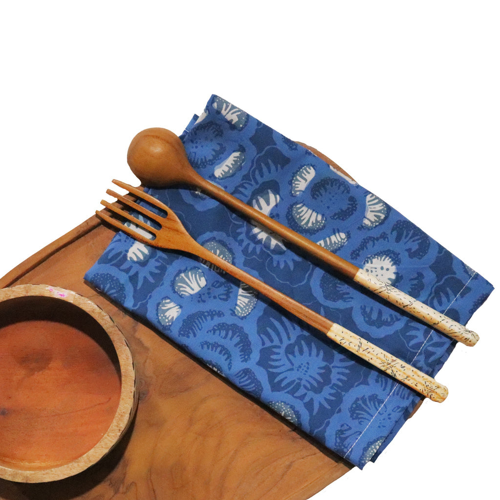 Batik Cloth Napkin Set of Four, Blue Roses, Hand Dyed, 100% Cotton - Che Cose Belle