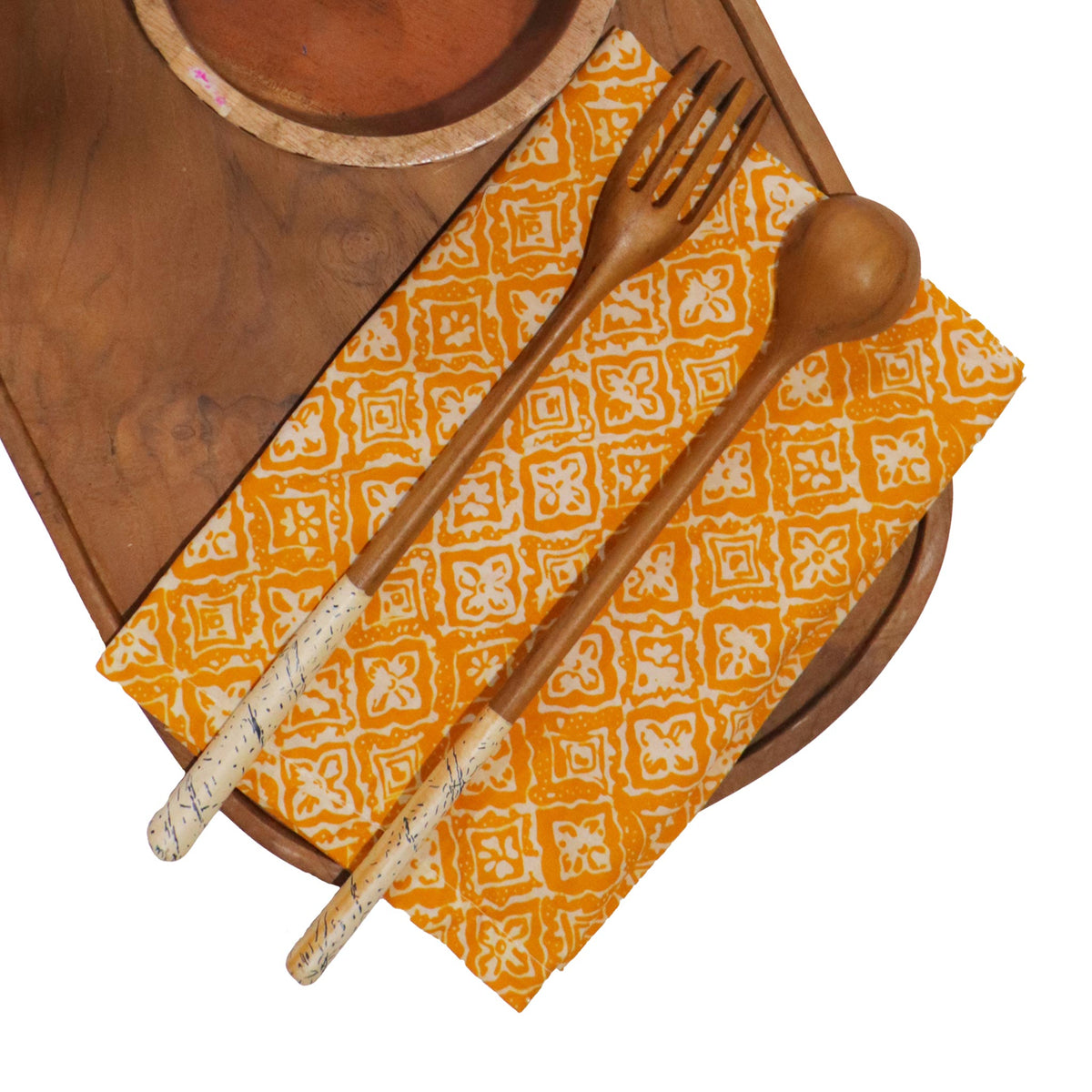 Batik Cloth Napkin Set of Four, Kamboja, Hand Dyed, 100% Cotton, Mustard, Yellow, Brown - Che Cose Belle