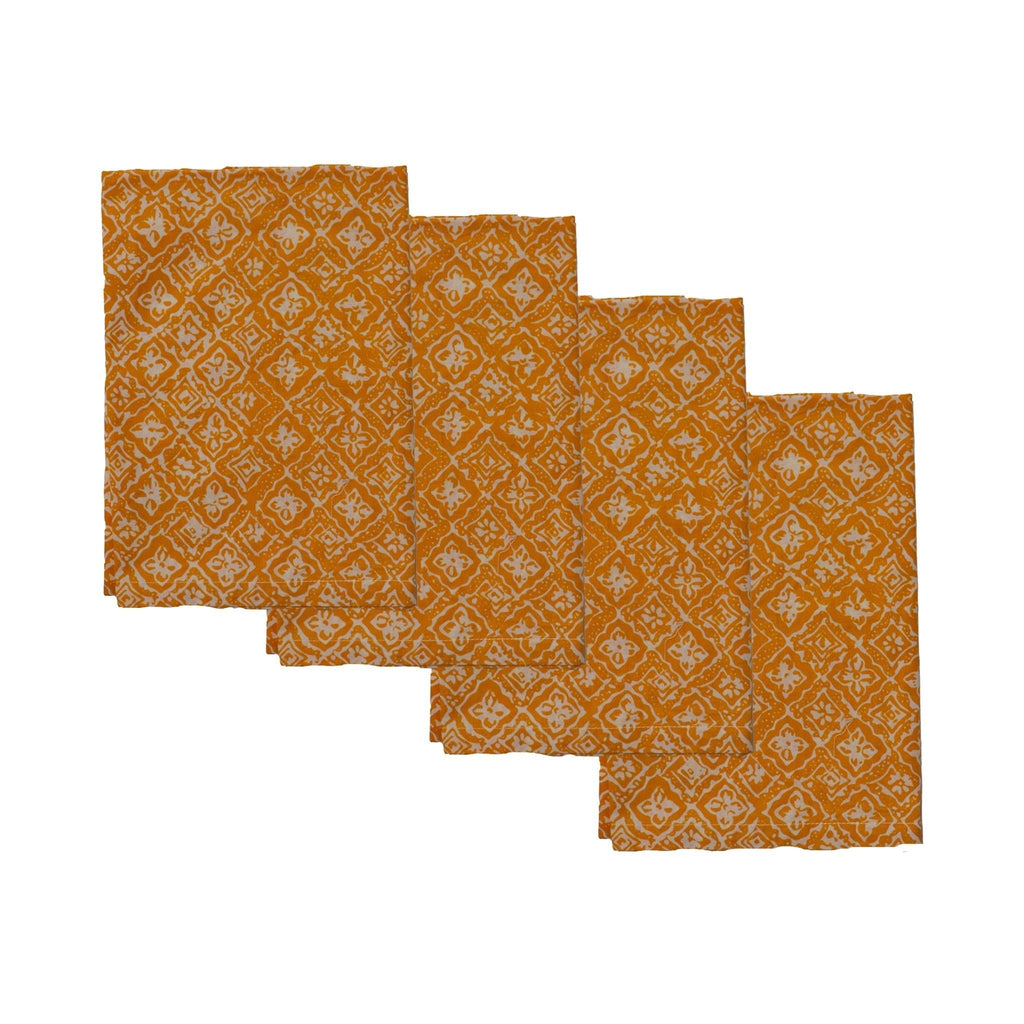 Batik Cloth Napkin Set of Four, Kamboja, Hand Dyed, 100% Cotton, Mustard, Yellow, Brown - Che Cose Belle