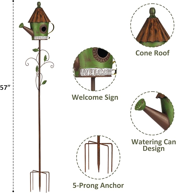 BAYN 57” Bird Houses Stake for Outside, Metal Watering Can Birdhouse Garden Stake Wild Bird Feeder Pole with Welcome Sign Outdoor Decorations for Patio, Backyard, Garden - Che Cose Belle