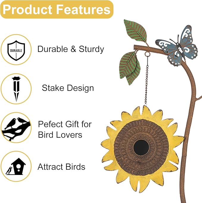 BAYN 57” Bird Houses Stake for Outside, Metal Wild Bird Feeder Birdhouse Stake Pole with Sunflower Design Outdoor Decorations for Patio, Backyard, Garden - Che Cose Belle