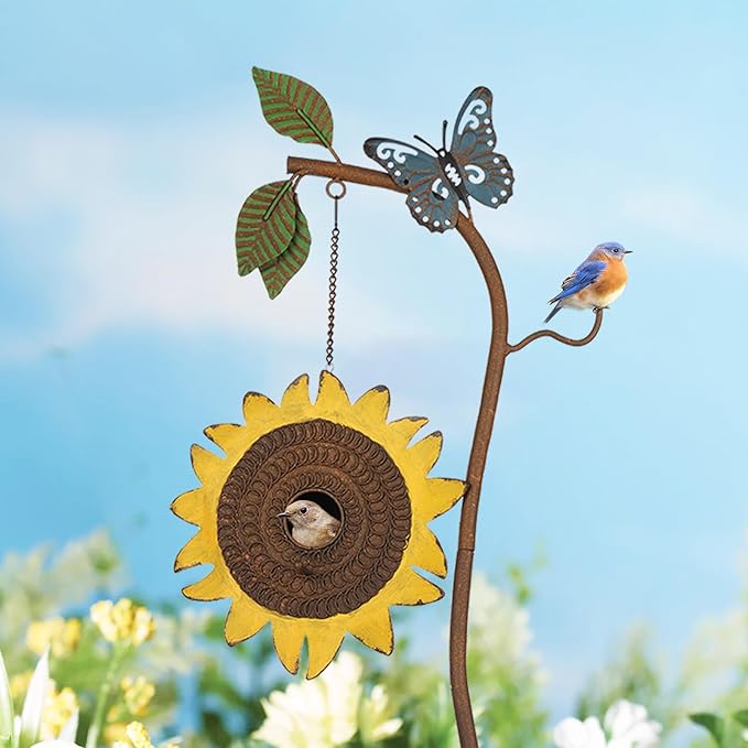 BAYN 57” Bird Houses Stake for Outside, Metal Wild Bird Feeder Birdhouse Stake Pole with Sunflower Design Outdoor Decorations for Patio, Backyard, Garden - Che Cose Belle