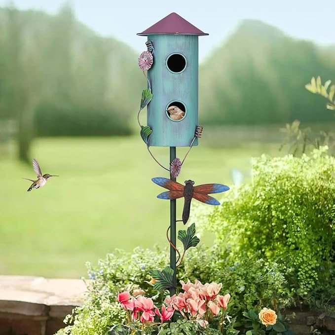 BAYN 57” Bird Houses Stake for Outside, Metal Wild Bird Feeder Double - Hole Birdhouse Stake with Cylinders Design Outdoor Decorations for Patio, Backyard, Garden - Che Cose Belle
