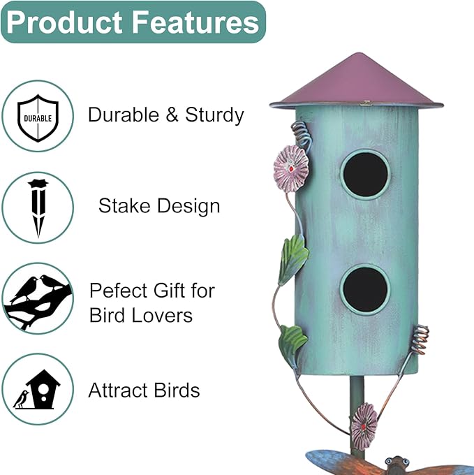 BAYN 57” Bird Houses Stake for Outside, Metal Wild Bird Feeder Double - Hole Birdhouse Stake with Cylinders Design Outdoor Decorations for Patio, Backyard, Garden - Che Cose Belle