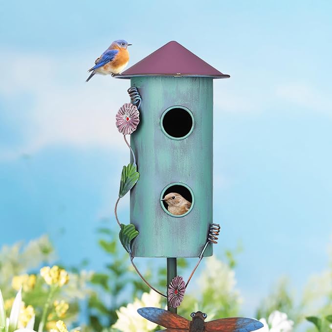 BAYN 57” Bird Houses Stake for Outside, Metal Wild Bird Feeder Double - Hole Birdhouse Stake with Cylinders Design Outdoor Decorations for Patio, Backyard, Garden - Che Cose Belle