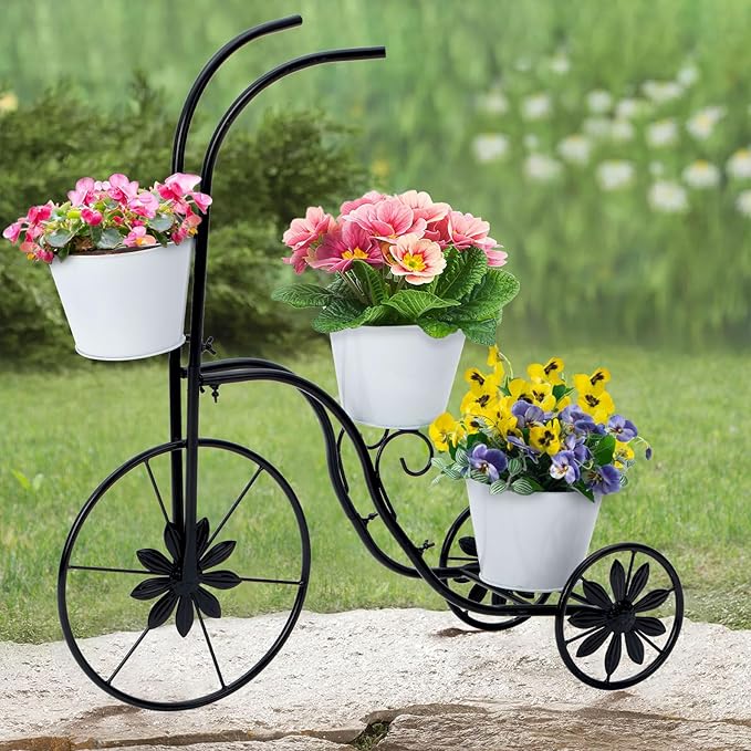 BAYN Bicycle Planter Stand, Metal Flower Pot Cart Holder Tricycle Planter with 3 Plant Bucket Outdoor Decorative for Patio, Deck, Garden or Lawn - Che Cose Belle