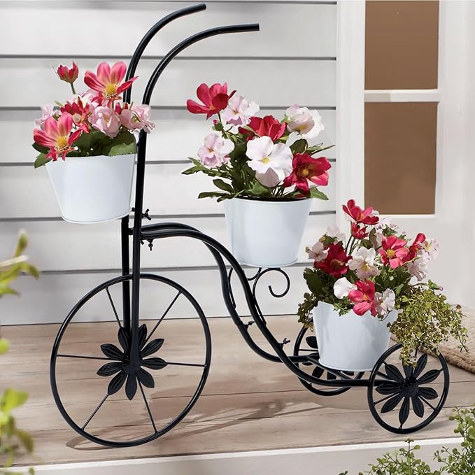 BAYN Bicycle Planter Stand, Metal Flower Pot Cart Holder Tricycle Planter with 3 Plant Bucket Outdoor Decorative for Patio, Deck, Garden or Lawn - Che Cose Belle