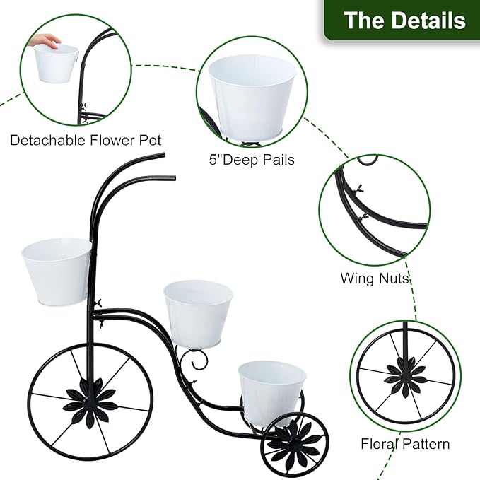 BAYN Bicycle Planter Stand, Metal Flower Pot Cart Holder Tricycle Planter with 3 Plant Bucket Outdoor Decorative for Patio, Deck, Garden or Lawn - Che Cose Belle