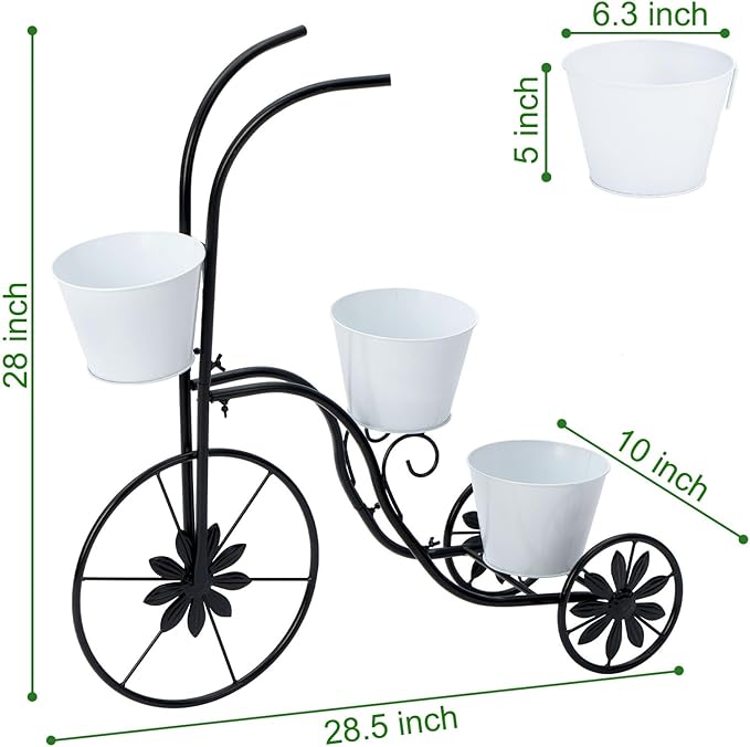 BAYN Bicycle Planter Stand, Metal Flower Pot Cart Holder Tricycle Planter with 3 Plant Bucket Outdoor Decorative for Patio, Deck, Garden or Lawn - Che Cose Belle