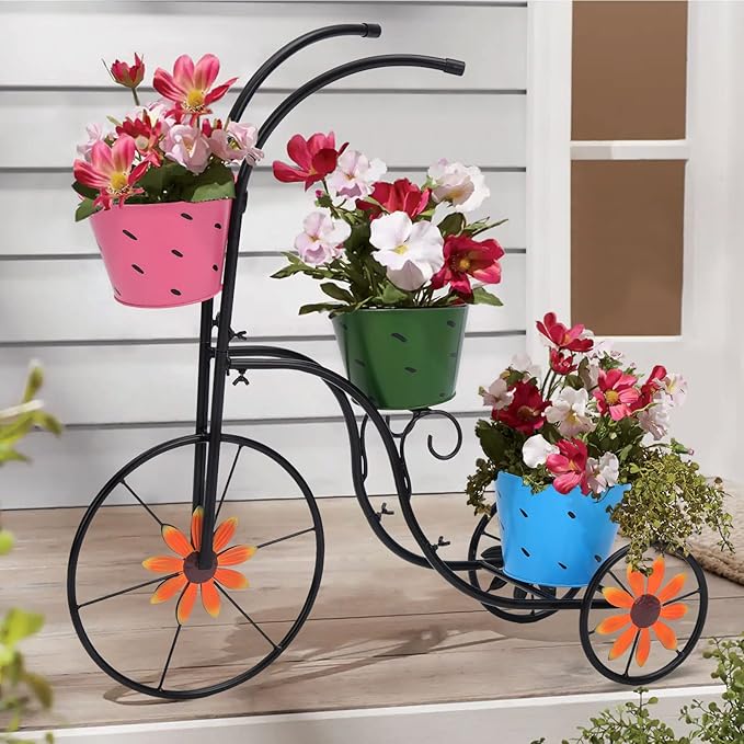 BAYN Bicycle Planter Stand, Metal Flower Pot Cart Holder with 3 Plant Bucket Outdoor Decorative for Patio, Deck, Garden or Lawn - Che Cose Belle