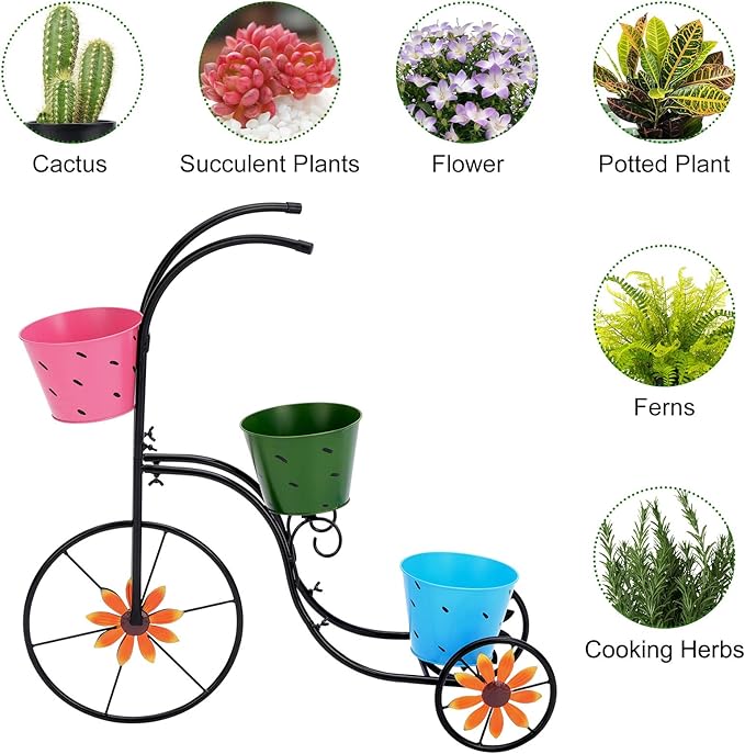 BAYN Bicycle Planter Stand, Metal Flower Pot Cart Holder with 3 Plant Bucket Outdoor Decorative for Patio, Deck, Garden or Lawn - Che Cose Belle