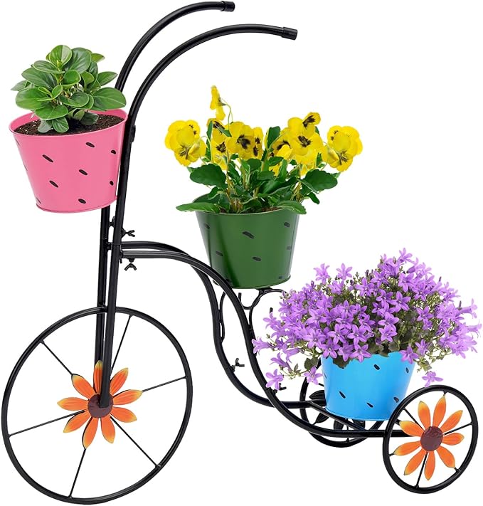 BAYN Bicycle Planter Stand, Metal Flower Pot Cart Holder with 3 Plant Bucket Outdoor Decorative for Patio, Deck, Garden or Lawn - Che Cose Belle