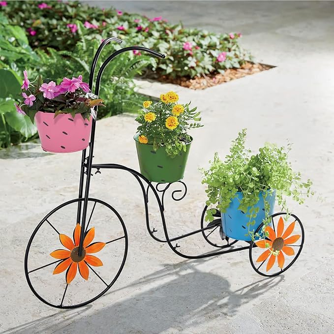 BAYN Bicycle Planter Stand, Metal Flower Pot Cart Holder with 3 Plant Bucket Outdoor Decorative for Patio, Deck, Garden or Lawn - Che Cose Belle