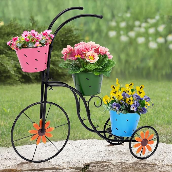 BAYN Bicycle Planter Stand, Metal Flower Pot Cart Holder with 3 Plant Bucket Outdoor Decorative for Patio, Deck, Garden or Lawn - Che Cose Belle