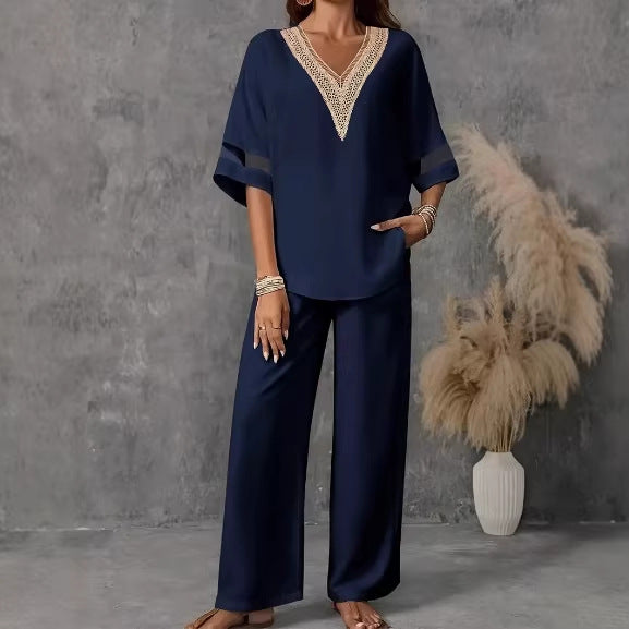 Women's Embroidered V-Neck Top & Wide-Leg Pants Set | Two-Piece Outfit