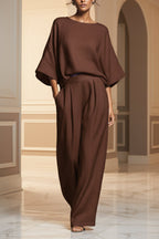 Women's Batwing-Sleeve Top & Wide-Leg Pleated Trousers Two-Piece Set